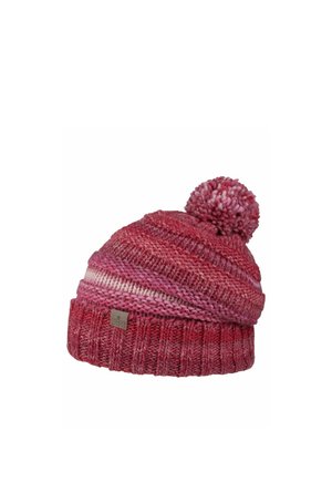 Knitted pink and red beanie with a pom-pom on top and a folded ribbed cuff featuring a small rectangular label.