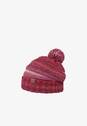 Knitted pink and red beanie with a pom-pom on top and a folded ribbed cuff featuring a small rectangular label.