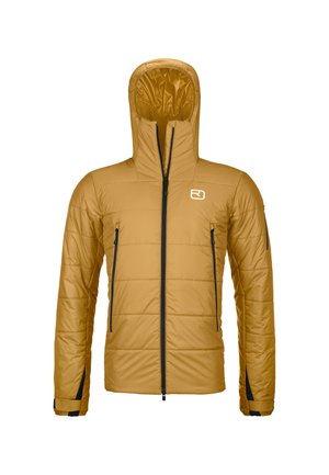 Yellow quilted jacket with a high collar and hood. Features a front zipper and two side pockets with black zippers. Made of smooth, insulated material.