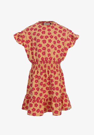 Gele jurk met rood bloemmotief, elastische taille, gerimpelde zoom en korte gerimpelde mouwen, in kindermaten.