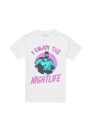 White T-shirt with a muscular Batman illustration in blue and black, pink text above and below reading "I enjoy the nightlife."