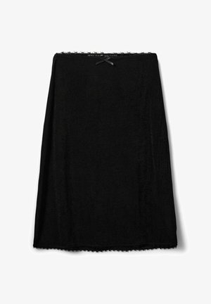 Schwarzer knielanger Rock mit kleinem Schleifendetail am Bund und Spitzenbesatz am Saum und oberen Rand.