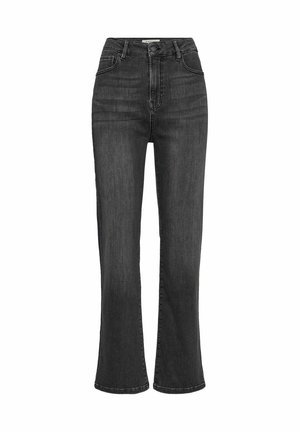 Hoge taille zwarte jeans van denim met een rechte pijp, voorzien van voorzakken, een ritssluiting en contrasterende stiksels langs de naden.