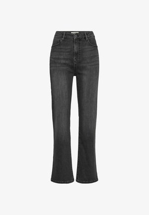 Hoge taille zwarte jeans van denim met een rechte pijp, voorzien van voorzakken, een ritssluiting en contrasterende stiksels langs de naden.