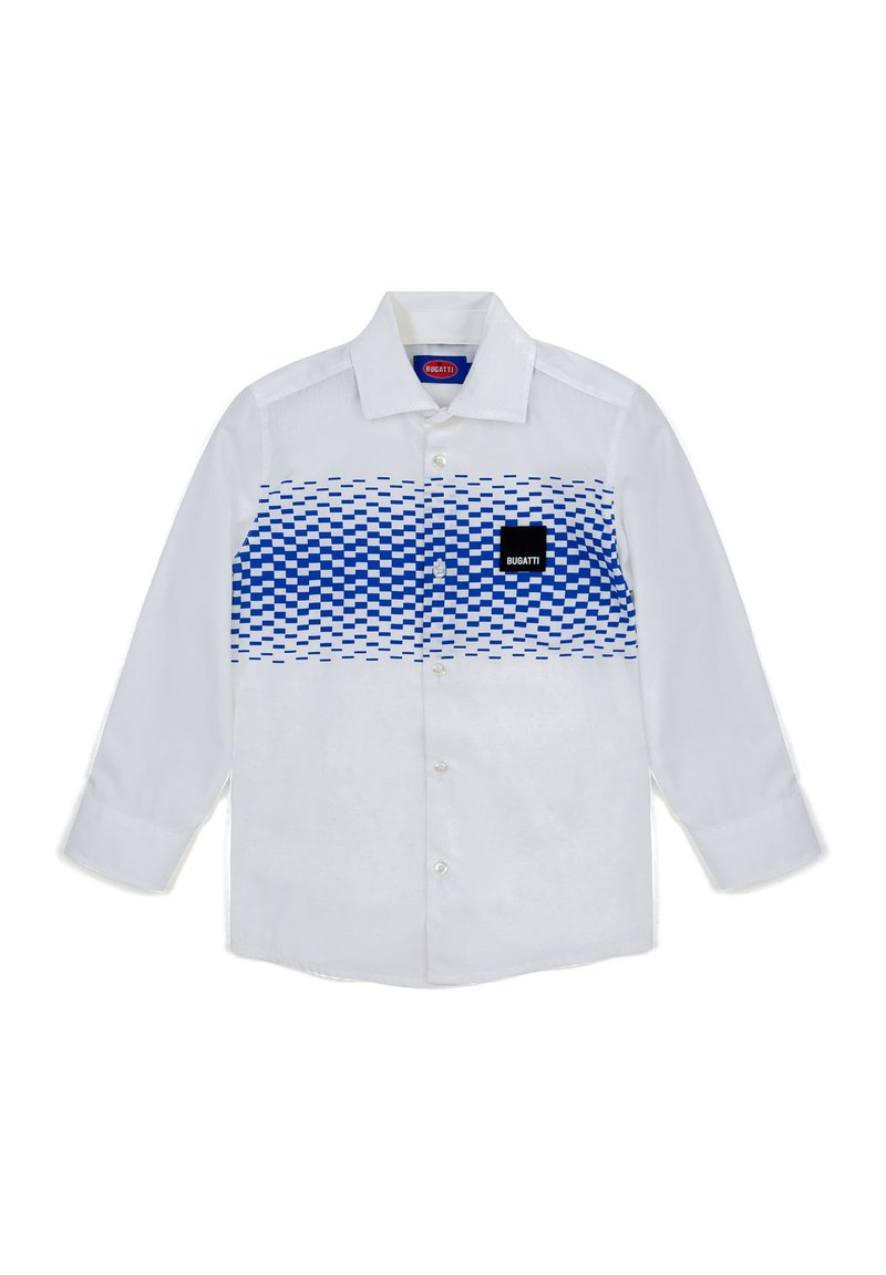 Camicia bianca a maniche lunghe con pannello frontale geometrico blu e bianco, chiusura con bottoni e piccolo logo nero.