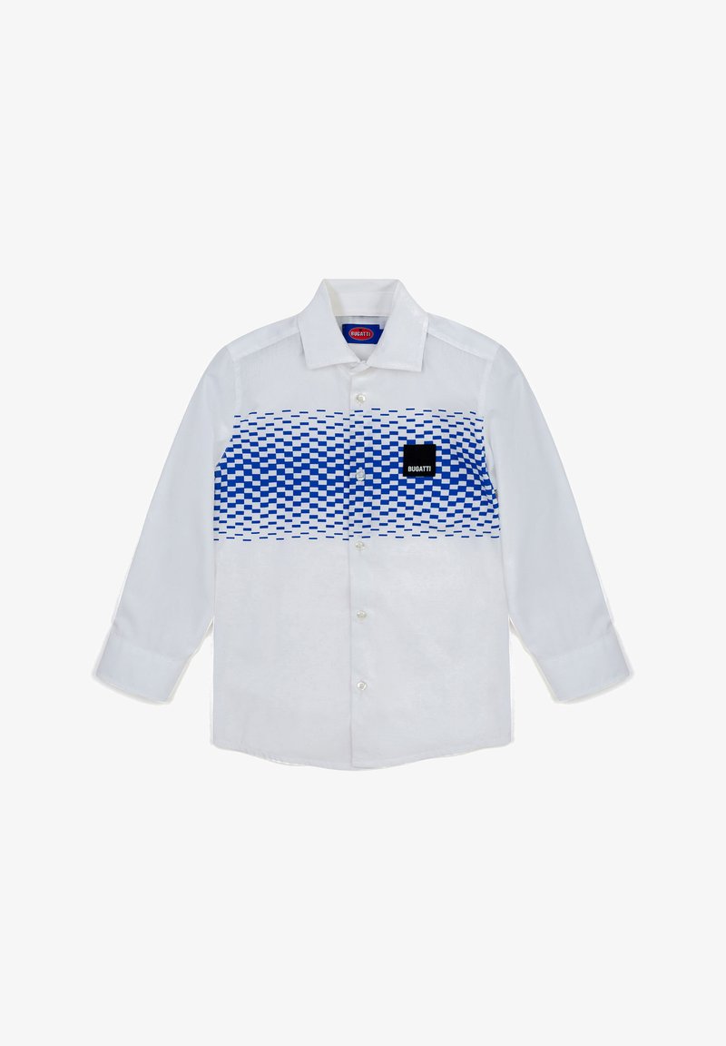 Camicia bianca a maniche lunghe con pannello frontale geometrico blu e bianco, chiusura con bottoni e piccolo logo nero.