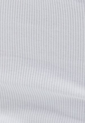 White fabric featuring thin, vertical gray stripes. The texture appears soft and smooth, with a subtle sheen.
