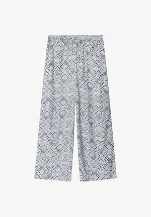 Pantaloni bianchi a gamba larga con un motivo geometrico blu, caratterizzati da una cintura elastica e una trama di tessuto leggero.