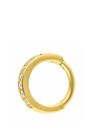 Gold hoop earring with a row of small clear stones set along the outer edge on a plain white background.