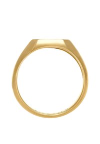 Guld ring med et fladt, kantet design. Glat tekstur og poleret finish. Har en afrundet inderside for komfort og bærbarhed.