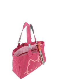 Tote bag en toile rose avec un visage de Hello Kitty brodé, des accents gris et un charme floral. L'intérieur présente un motif répété de petits motifs Hello Kitty.