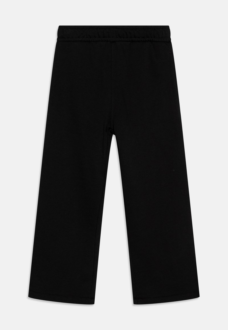 Pantaloni larghi neri realizzati in tessuto morbido ed elastico. Presentano una vita elastica e una superficie liscia senza motivi o accessori visibili.
