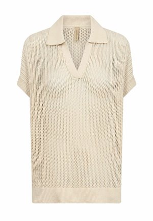 Bež kratki džemper s otvorenom pletenicom, V-izrezom i ovratnikom, s rebrastim rubovima i opuštenim krojem.
