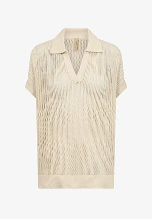 Bež kratki džemper s otvorenom pletenicom, V-izrezom i ovratnikom, s rebrastim rubovima i opuštenim krojem.
