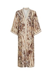 Brun och beige mönstrad kimono-robe med djup V-ringning, vida ärmar och kontrasterande detaljer. Tillverkad av lättviktsmaterial.