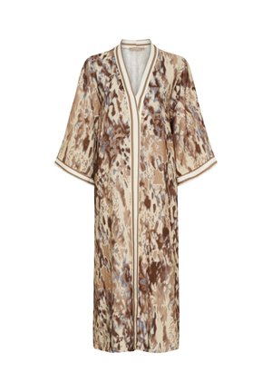 Brun og beige mønstret kimono-robe med dyb V-hals, brede ærmer og kontrastdetaljer. Lavet af letvægtsstof.
