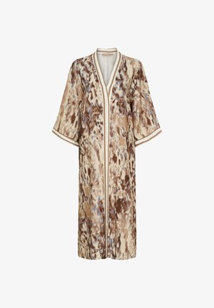 Brun og beige mønstret kimono-robe med dyb V-hals, brede ærmer og kontrastdetaljer. Lavet af letvægtsstof.