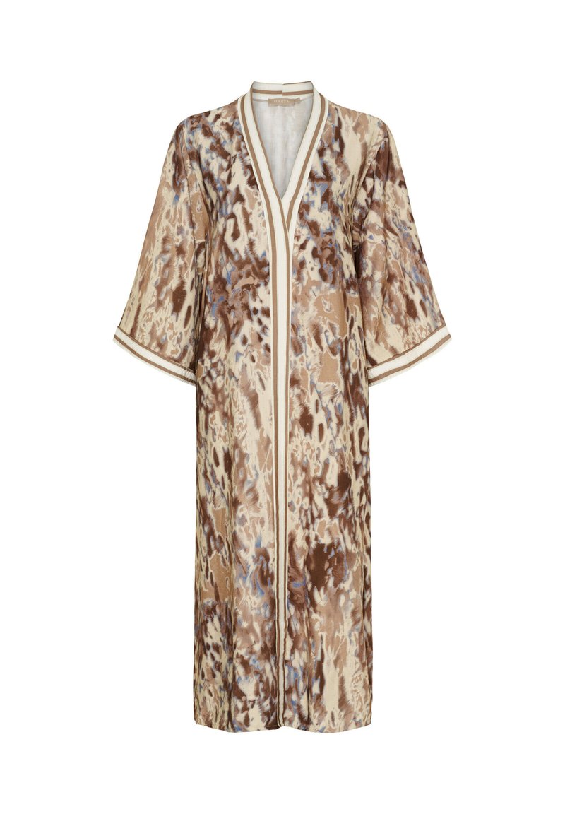 Brun och beige mönstrad kimono-robe med djup V-ringning, vida ärmar och kontrasterande detaljer. Tillverkad av lättviktsmaterial.