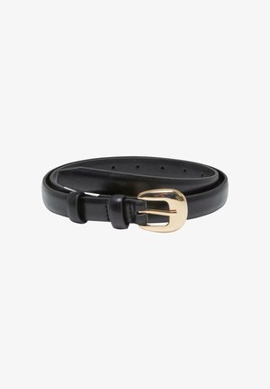 Schwarzer Lederbelt mit glatter Oberfläche, ausgestattet mit einer goldenen Schnalle und mehreren Einstelllöchern zur Größenanpassung.
