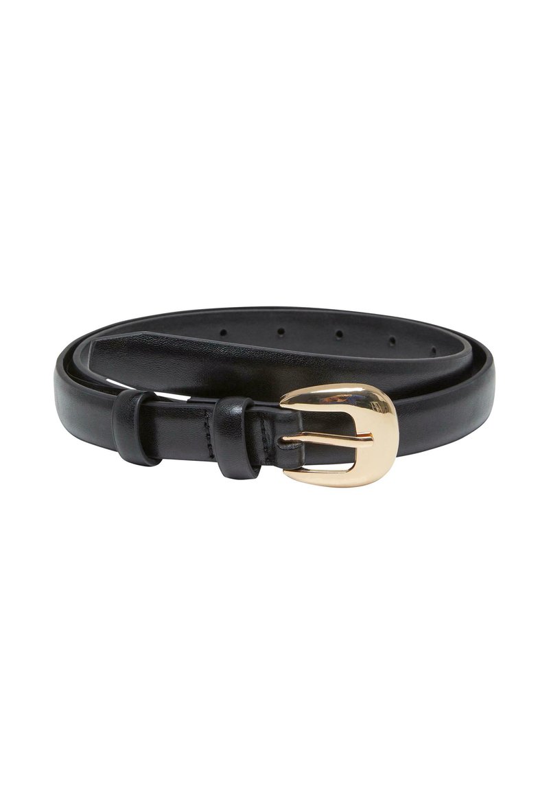 Black leather belt with a smooth texture, featuring a gold-tone buckle and multiple adjustment holes for size customization.