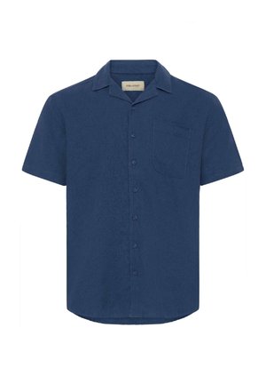 Πουκάμισο με κοντό μανίκι σε μονόχρωμο ναυτικό μπλε. Διαθέτει μαλακή υφή υφάσματος, μία τσέπη στο στήθος και γιακά τύπου κατασκήνωσης.