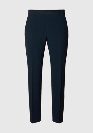 Pantalons ajustés bleu marine avec un devant plat, deux poches latérales et une fermeture à bouton unique. Tissu lisse avec une texture subtile.