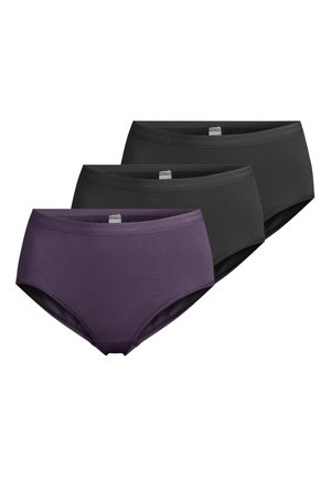 Three women's seamless brief-style underwear in black and dark purple, displayed stacked with the purple pair in front.