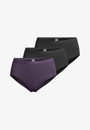 Drei nahtlose Damen-Slips im Brief-Stil in Schwarz und Dunkellila, gestapelt mit dem lila Paar vorne dargestellt.