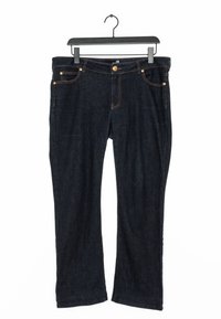 Tmavě modré džíny z denimu se střihom rovné nohy. Obsahují zlaté kování, přední kapsy a viditelné švy.