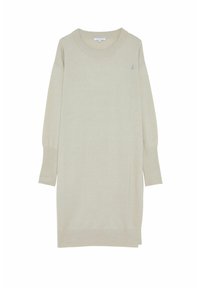 Vestido de punto en beige claro, con cuello redondo, mangas largas y aberturas laterales para mayor libertad de movimiento. Detalle sutil del logo.