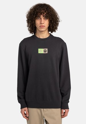 Zwart sweatshirt met een ronde hals, voorzien van een groen en beige rechthoekige grafiek op de borst. Gemaakt van zachte, gestructureerde stof.