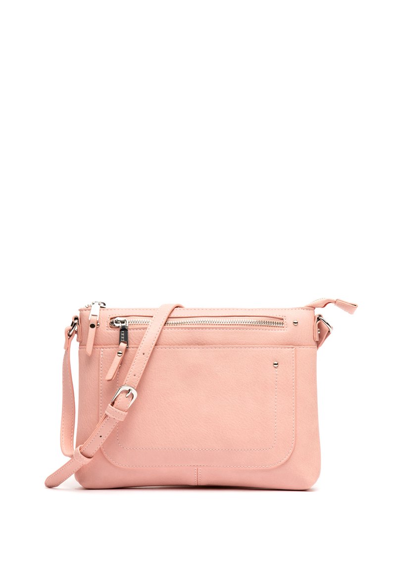 Růžová kabelka přes rameno z umělé kůže s nastavitelním popruhem, jednou kapsou na zip nahoře a přední kapsou na slip. Hladký povrch a minimalistický design.