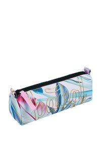 Vaschetta portapenne con chiusura a zip, caratterizzata da un motivo di foglie colorate in tonalità di blu, rosa e dettagli dorati. Realizzata in tessuto resistente.