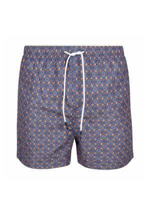 Men's swim shorts with an elastic waistband, blue and orange circular pattern, and a white drawstring tie at the front.