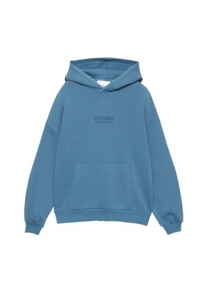 Felpa con cappuccio blu, dotata di tasca a marsupio e logo testuale discreto centrato sul petto, maniche lunghe e polsini e fondo a costine.