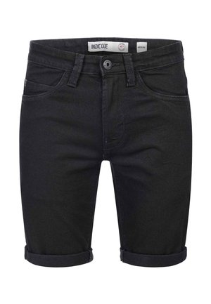 Black denim shorts with rolled cuffs, front button, zipper, belt loops, and five-pocket design.