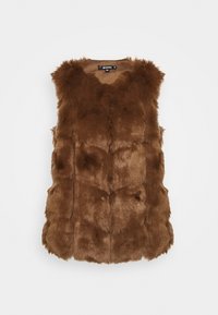 Gilet in pelliccia sintetica marrone con una texture morbida e un design imbottito a quadrato. Senza maniche e con scollatura rotonda, ideale per sovrapporlo.
