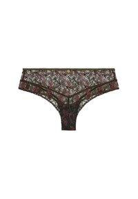Culotte en dentelle avec broderie florale rose et verte sur un fond noir transparent, avec un détail de bouton décoratif sur la taille.