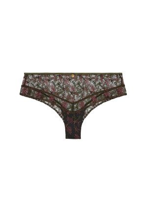 Culotte en dentelle avec broderie florale rose et verte sur un fond noir transparent, avec un détail de bouton décoratif sur la taille.