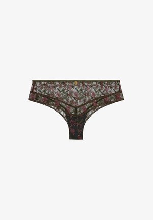 Culotte en dentelle avec broderie florale rose et verte sur un fond noir transparent, avec un détail de bouton décoratif sur la taille.