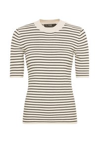 Pruhované tričko s krátkým rukávem v krémové a tmavě zelené barvě. Žebrovaná textura, kulatý výstřih, přiléhavý střih, s horizontálními pruhy.