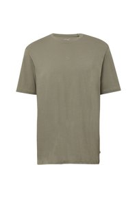 Olijfgroene t-shirt met korte mouwen van zacht materiaal, voorzien van een ronde hals en een subtiele QS-logo op de borst. Gladde afwerking.