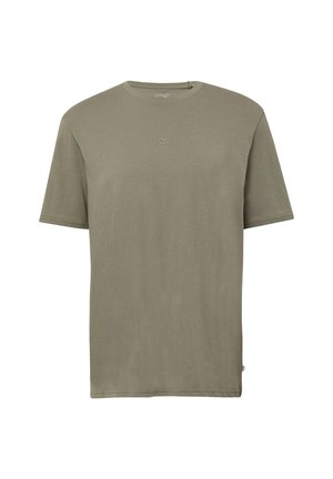 Olivegrünes Kurzarm-T-Shirt aus weichem Stoff, mit Rundhalsausschnitt und einem dezenten QS-Logo auf der Brust. Glatte Oberfläche.