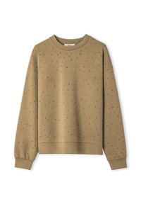 Brązowy sweatshirt z kropeczkowym wzorem małych czarnych i srebrnych ozdób, okrągły dekolt i ściągacze przy rękawach. Miękka, teksturowana tkanina.
