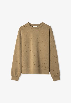 Felpa marrone con motivo a pois di piccoli ornamenti neri e argento, colletto rotondo e polsini a coste. Tessuto morbido e texturizzato.