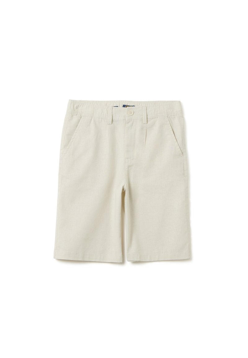 Pantalones cortos beige hechos de tela ligera, con un frente plano, dos bolsillos laterales y una cinturilla elástica con cierre de botón.
