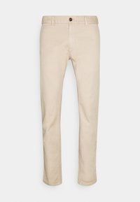 Beige Chinos aus Baumwolle mit Knopfverschluss, Fronttaschen und geradem Bein ohne Muster. Glatte Textur, taillierte Passform.