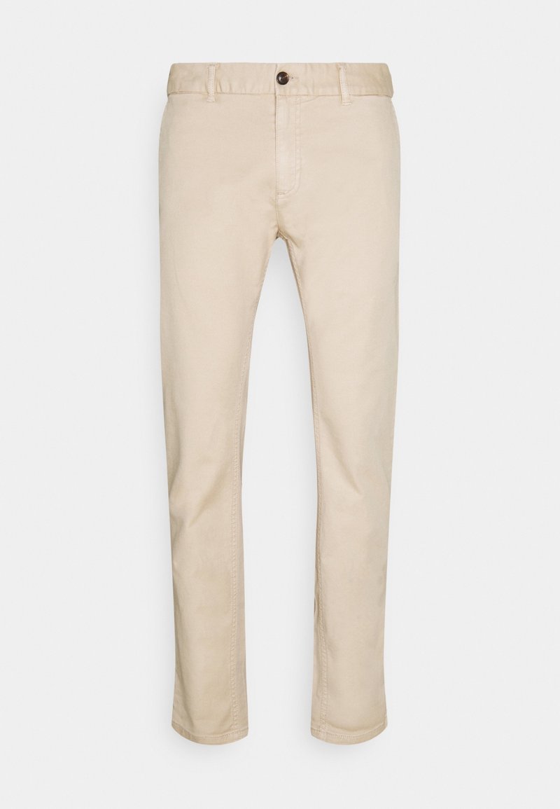 Beige Chinos aus Baumwolle mit Knopfverschluss, Fronttaschen und geradem Bein ohne Muster. Glatte Textur, taillierte Passform.