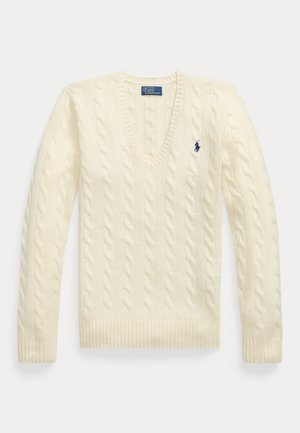 Suéter de malha em creme com decote em V e mangas longas, com o logótipo em azul da Polo Ralph Lauren bordado no peito.