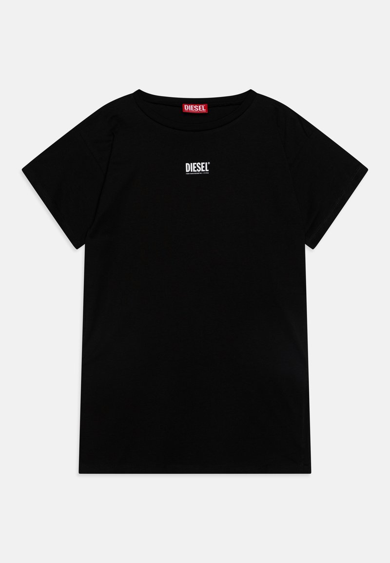 T-shirt preta de decote redondo, feita de algodão, com mangas curtas e um pequeno logótipo branco da Diesel no peito. Textura suave, ajuste regular.